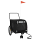 Schwarzer Haustierwagen mit einem Netz vorne, zwei großen Rädern, einem Griff und einer Sicherheitsflagge, entworfen für den Transport von Haustieren.