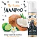 Shampoo ohne Ausspülen mit Kokosnuss & Limette, mit einer Flasche beschriftet "Bugalugs," umgeben von Kokosnuss, Limette und Blumen.