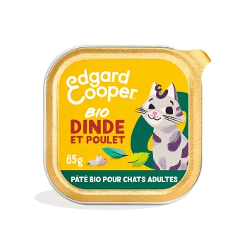 Pâté de nourriture pour chat biologique Edgard Cooper avec dinde et poulet, 85g, avec un chat illustré ludique sur un fond jaune vif.