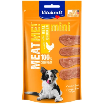 Meat Me! 8x60g Huhn Hundeleckerli-Verpackung mit Vitakraft's "MEAT ME!" Mini-Snacks aus echtem Hähnchen, gekennzeichnet als 100% reines Fleisch, getreidefrei und zuckerfrei.