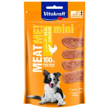 Hundeleckerli-Verpackung mit Vitakraft's "MEAT ME!" Mini-Snacks aus echtem Hähnchen, gekennzeichnet als 100% reines Fleisch, getreidefrei und zuckerfrei.