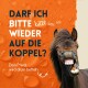 Ein lächelndes Pferd mit offenem Maul auf orangefarbenem Hintergrund, mit dem Text: "Darf ich bitte wieder auf die Koppel?"