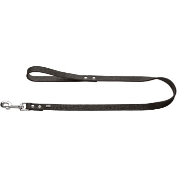 Schwarze Leder-Hundeleine mit einem Metallclip, mit einer strukturierten Oberfläche und zwei Metallnieten für zusätzliche Haltbarkeit.