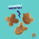 Trois croquettes brunes sur fond bleu sarcelle avec le texte 'Croustillant IRRÉSISTIBLE' et une petite étiquette de taille '12 mm'.