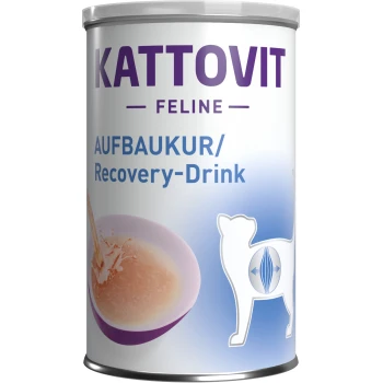 Recovery Drink 12x135ml Dose Kattovit Feline Recovery Drink, mit einem Spritzer Flüssigkeit in einer Schüssel und einer Grafik einer Katze, beschriftet "AUFBAUKUR/Recovery-Drink."