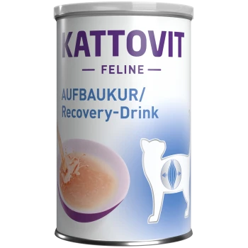 Canette de boisson de récupération Kattovit pour félins, présentant un éclaboussement de liquide dans un bol et un graphique d'un chat, étiqueté "AUFBAUKUR/Recovery-Drink."