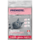 Clumping cat litter package featuring a gray cat with blue eyes, labeled "PREMIERE. I love my cat" and "KLU MPEND EXCELLENT." in pink.
