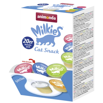 Boîte de 20 Animonda Milkies Cat Snack montrant une silhouette de chat et des coupelles individuelles colorées, texte « Sélection »
