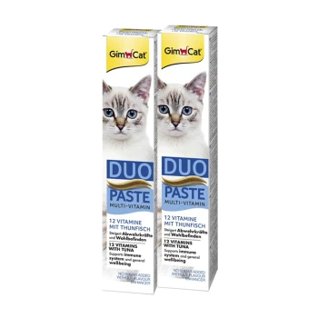 Duo Paste Multivitamin für Katzen, mit dem Gesicht einer Katze auf der Verpackung, mit Text, der 12 Vitamine mit Thunfisch zur Unterstützung des Immunsystems hervorhebt.
