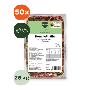 Verpackte Barfer's Komplett-Mix-Schale „Komplett-Mix Kaninchen & Lamm“ rohes Tierfutter, 500 g Aufkleber, orangees „50x“- und grünes „25 kg“-Abzeichen.