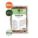 Verpackte Barfer's Komplett-Mix-Schale „Komplett-Mix Kaninchen & Lamm“ rohes Tierfutter, 500 g Aufkleber, orangees „50x“- und grünes „25 kg“-Abzeichen.