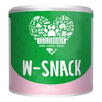 W-Snack für Hunde 350g Grüner "W-SNACK" Behälter mit pinkem Boden, der 350g (ca. 210 Stück) Tierleckerlis hält, verziert mit Pfotenabdrücken und Lebensmittelikonen.