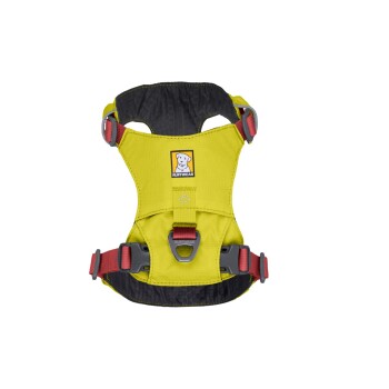 Gelbes Hundegeschirr mit roten Riemen und grauen Schnallen, mit einem Ruffwear-Logo auf der Vorderseite.