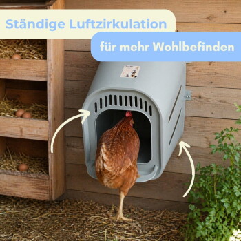 Henne betritt eine graue, am Stall montierte Legenestkiste; Eier sichtbar. Text: 'Ständige Luftzirkulation' & 'für mehr Wohlbefinden'.