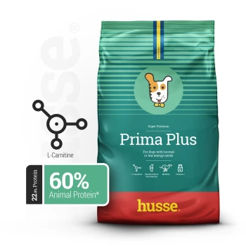 Super Premium Hundefutter-Tüte beschriftet mit "Optimal Mini" für kleine aktive Hunde, mit 80% tierischem Protein und Icons zur Verdauungsunterstützung.