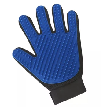 Blauer Haustierpflegehandschuh mit strukturiertem Oberflächen und schwarzem Handgelenkband, entworfen zum Entfernen von losem Fell und zum Massieren von Haustieren.