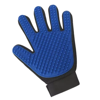 Blauer Haustierpflegehandschuh mit strukturiertem Oberflächen und schwarzem Handgelenkband, entworfen zum Entfernen von losem Fell und zum Massieren von Haustieren.
