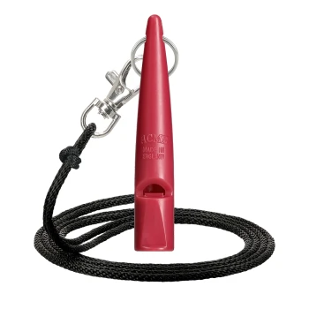 Rote ACME Hundepfeife mit schwarzem Halsband und Metallclip, hergestellt in England.