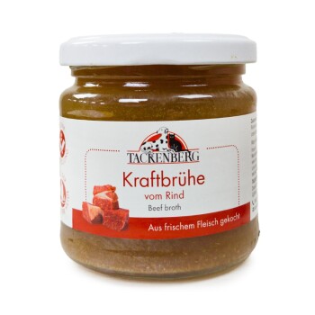 Słoik Tackenberg Kraftbrühe vom Rind (bulion wołowy) dla zwierząt, gotowany ze świeżego mięsa, z białą pokrywką i etykietą.