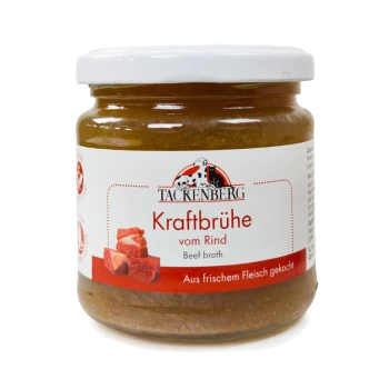 Glas Tackenberg Kraftbrühe vom Rind für Haustiere, gekocht aus frischem Fleisch, mit weißem Deckel und Etikett.