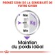 Illustration de jauge indiquant la plage de poids pour les chiens, avec des étiquettes 'Max' et 'Min', et le texte 'Maintien du poids idéal' au-dessus.