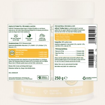 Psylliumschalen-Ergänzung für Hunde und Katzen, 250g, mit zweisprachigen Anweisungen zu Verdauungs- und Hungerregulationsvorteilen.