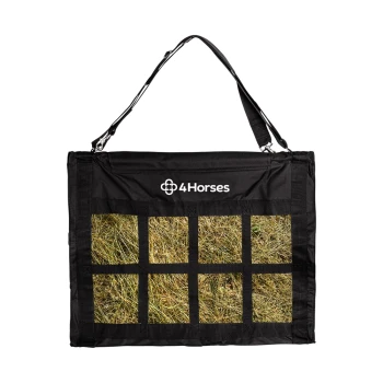 Schwarze Heutüte mit einem Logo "4Horses" und sechs transparenten Netzfächern, die Heu enthalten.