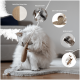 Eine flauschige weiße Katze spielt mit einem braunen Mausspielzeug mit einer Schnur, umgeben von Produktdetails: "Natürliche Materialien," "Robustes Gewebe," "Extra Katzenminze."
