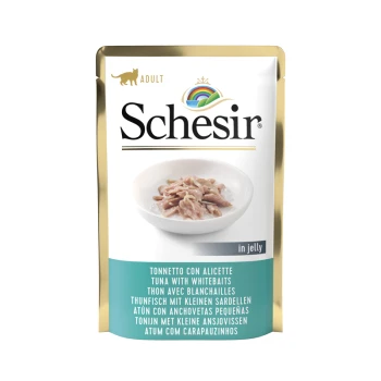 Schesir Erwachsenen-Katzenfutterbeutel mit Thunfisch und weißen Bait in Gelee, mit mehrsprachigem Text auf der Verpackung.