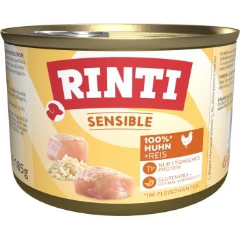 Rinti Sensible Hundefutterdose, die 100 % Huhn und Reis enthält, glutenfrei, mit Bildern von Hühnerstücken und Reiskörnern.