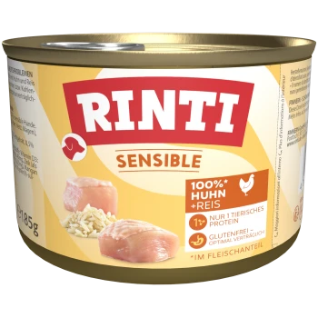 Rinti Sensible Hundefutterdose, die 100 % Huhn und Reis enthält, glutenfrei, mit Bildern von Hühnerstücken und Reiskörnern.