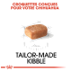 Croquettes sur mesure pour Chihuahuas, avec une illustration d'un morceau de croquette unique avec des mesures, et un texte en français.