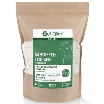 Eine Tüte AniForte BARF Line Kartoffelflocken für Hunde, beschriftet mit "Kartoffel-Flocken," die ausgewogene Ernährung und keine Zusatzstoffe hervorhebt.