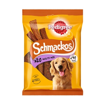 Emballage de friandises pour chiens Pedigree Schmackos avec un golden retriever souriant, avec le texte "x20 MULTI MIX" et "<30 kcal".