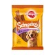 Verpackung von Pedigree Schmackos Hundeleckerlis mit einem lächelnden Golden Retriever, mit dem Text "x20 MULTI MIX" und "<30 kcal".