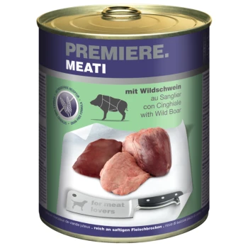 Meati Wildschwein 6x800 g Nourriture pour animaux en conserve étiquetée "Premiere. Meati" avec du sanglier, présentant trois morceaux de viande et un couteau inscrit "pour les amateurs de viande."