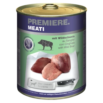 Dosenfutter für Haustiere mit der Aufschrift "Premiere. Meati" mit Wildschwein, mit drei Fleischstücken und einem Messer, das "für Fleischliebhaber" eingraviert ist.
