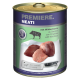 Dosenfutter für Haustiere mit der Aufschrift "Premiere. Meati" mit Wildschwein, mit drei Fleischstücken und einem Messer, das "für Fleischliebhaber" eingraviert ist.