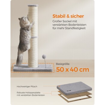 Eine flauschige Katze klettert auf einen hohen Kratzbaum mit einem Pom-Pom-Spielzeug oben. Der Text hebt Stabilität, Größe (50 x 40 cm) und hochwertige Materialien hervor.