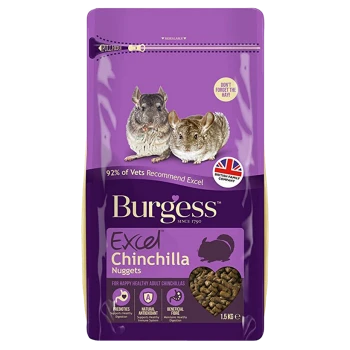 Burgess Excel Chinchilla Nuggets bag with two chinchillas and text on prebiotics and antioxidants benefits.