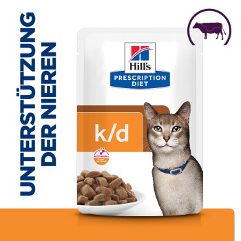 Hill's Prescription Diet k/d Katzenfutterbeutel mit Katze und Schale Nassfutter; zeigt k/d und 'Unterstützung der Nieren'