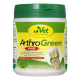 Behälter von cdVet ArthroGreen Plus, einem natürlichen Gelenkpflegepräparat, mit einem grünen Deckel und Bildern von Hundegelenken. Text lautet "100% NATUR."