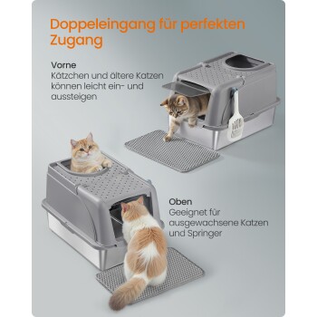 Katzenstreu mit zwei Eingängen, die Zugangspunkte für Kätzchen, ältere Katzen und erwachsene Springer bietet. Der Text hebt die Eignung für jede Gruppe hervor.