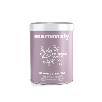 Malvenfarbene Dose mit Aufschrift 'mammaly', 'FOREVER YOUNG' und 'SENIOR & VITALITÄT' sowie kleinem deutschem Vorteilstext.