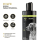 Schwarze Peticare Petdog Health 2112 Shampoo-Flasche, mit einem Golden Retriever und Vorteilen gegen Parasiten und Hautreizungen.