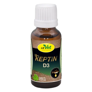 Flasche cdVet Reptin D3, ein natürliches Ergänzungsmittel für Reptilien, mit einem grünen Etikett mit dem Text "100% NATUR".