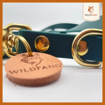 Eine Nahaufnahme eines grünen Hundehalsbands mit goldenen Beschlägen und einem runden Lederanhänger, der mit "WILDFANG" und einem Wolf-Logo graviert ist.