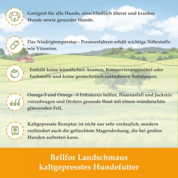 Kaltgepresstes Hundefutter von Bellfor, geeignet für alle Hunde, enthält keine künstlichen Aromen oder Farbstoffe, fördert gesunde Haut.