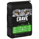 Sac de nourriture pour chiens noir avec le visage d'un loup et des yeux jaunes, étiqueté "CRAVE - Satisfy Their Nature," haute teneur en protéines, sans céréales, agneau et bœuf naturels.
