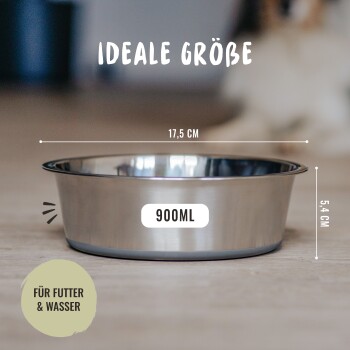Edelstahl-Haustierschüssel mit einem Fassungsvermögen von 900 ml, Abmessungen 17,5 cm Durchmesser und 5,4 cm Höhe, gekennzeichnet mit "Ideale Größe" und "Für Futter & Wasser."